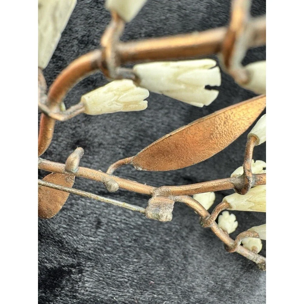 Antique Celluloid Brooch Copper Floral Branch Large Artisan 4.5”
